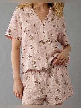 American Eagle AE lounge set Pjs 2 Piece Shorts, Button Up Sz XL Gauze Western